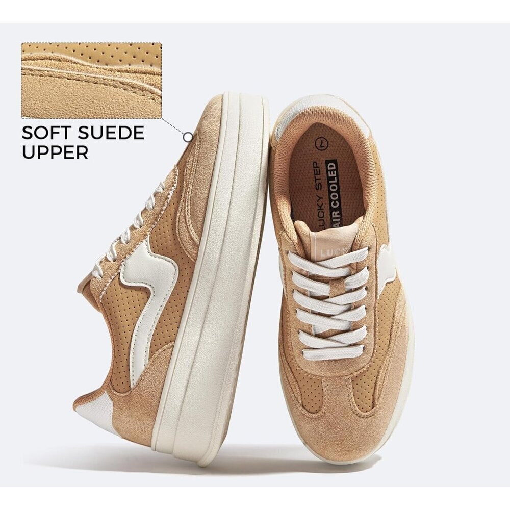 Women Platform CamelWhite Sneaker Thick Sole Suede Leather Low Top Walking Shoes - Picture 2 of 9